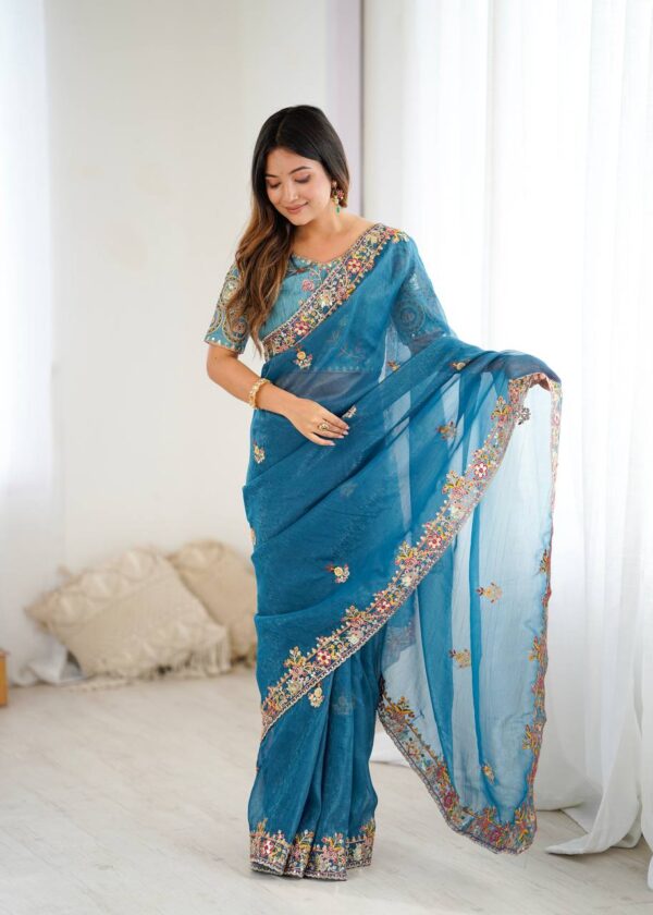 Sky Blue Color Thread Embroidered Silk Saree - Image 4