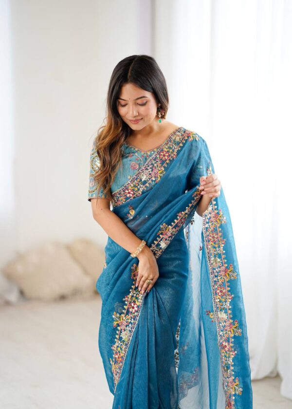 Sky Blue Color Thread Embroidered Silk Saree