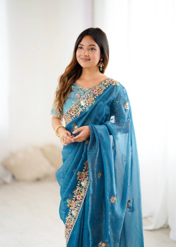 Sky Blue Color Thread Embroidered Silk Saree - Image 5