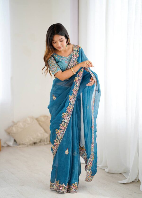 Sky Blue Color Thread Embroidered Silk Saree - Image 6