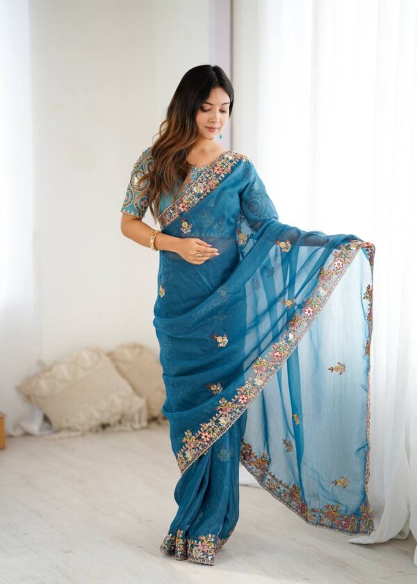 Sky Blue Color Thread Embroidered Silk Saree - Image 7