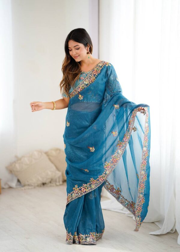 Sky Blue Color Thread Embroidered Silk Saree - Image 8