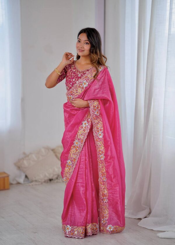Pink Color Gold Crush Beautiful Embroidered Saree - Image 2