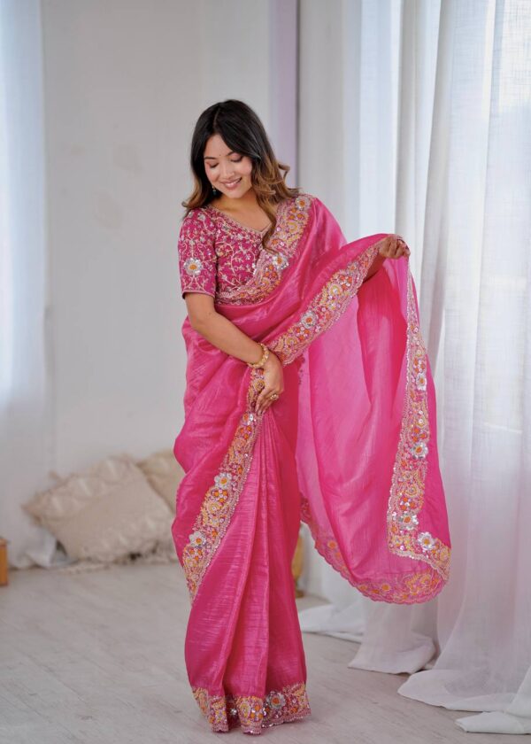Pink Color Gold Crush Beautiful Embroidered Saree - Image 3