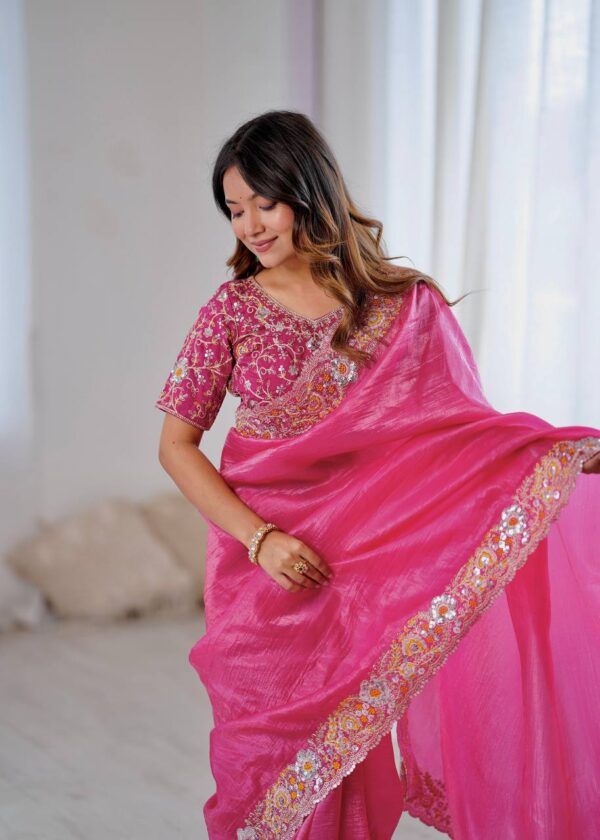 Pink Color Gold Crush Beautiful Embroidered Saree - Image 4