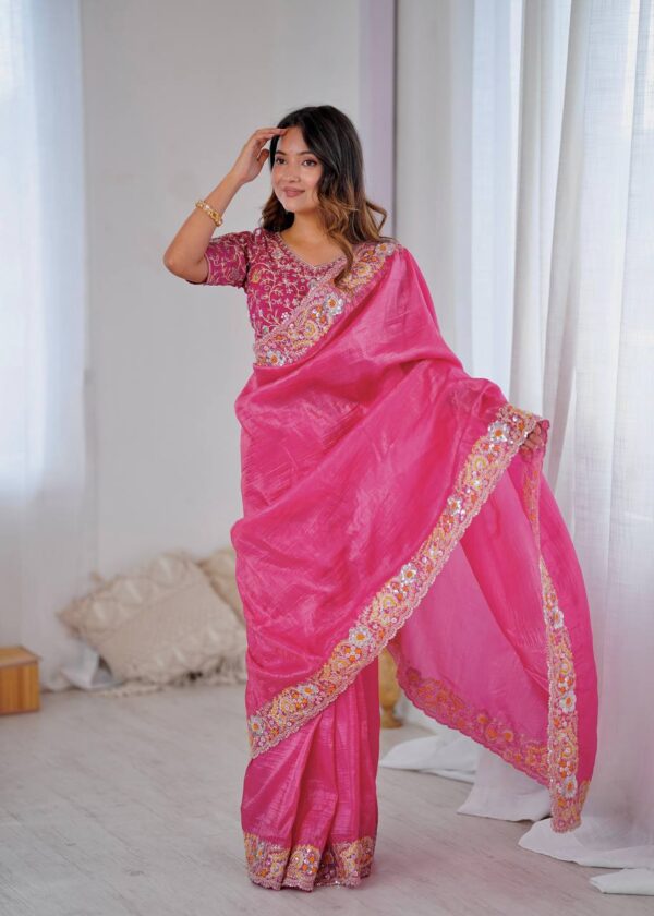 Pink Color Gold Crush Beautiful Embroidered Saree - Image 5