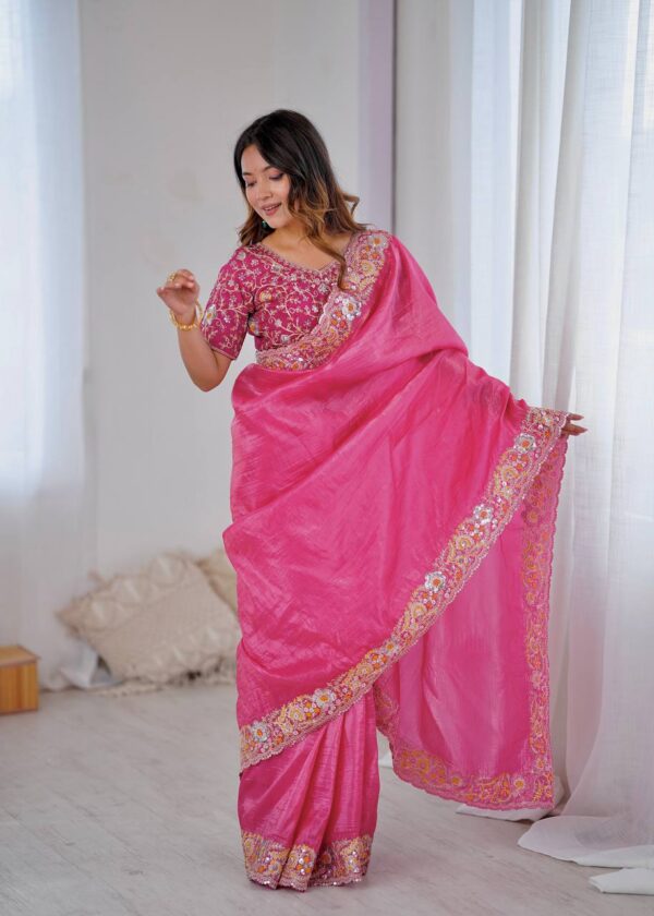 Pink Color Gold Crush Beautiful Embroidered Saree - Image 6