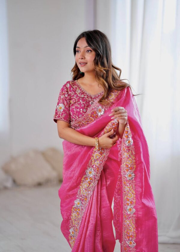 Pink Color Gold Crush Beautiful Embroidered Saree - Image 7