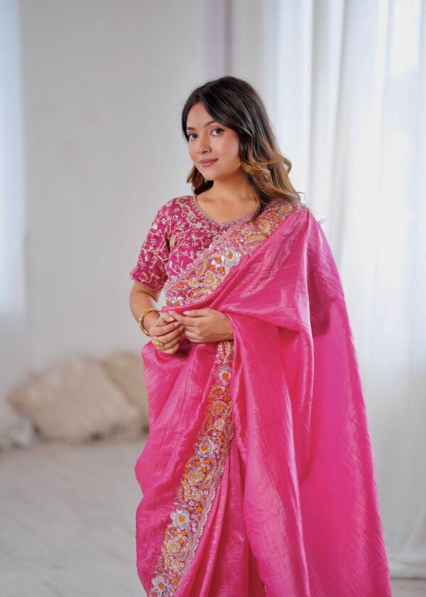 Pink Color Gold Crush Beautiful Embroidered Saree