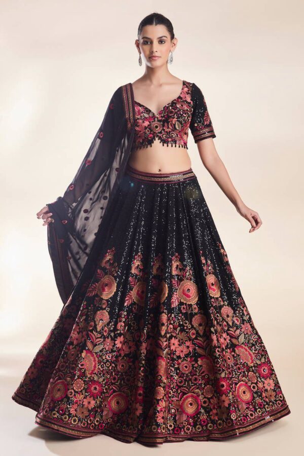 Black Color Faux Georgette Flared Lehenga Choli - Image 2