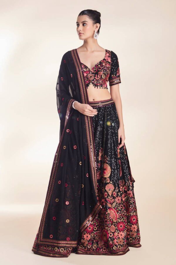 Black Color Faux Georgette Flared Lehenga Choli - Image 3