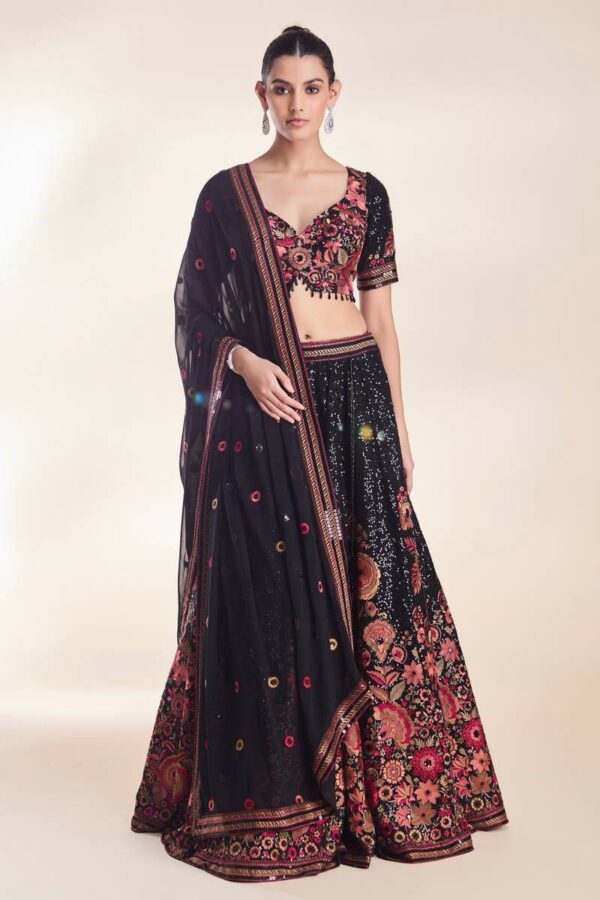 Black Color Faux Georgette Flared Lehenga Choli - Image 4