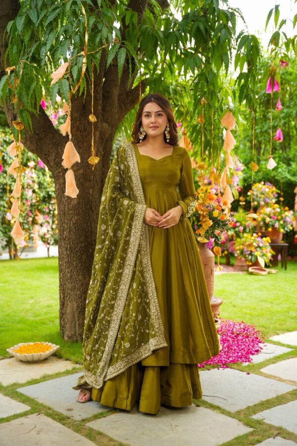 Mehndi Color Chiffon With Embroidery Sequence Work Gown - Image 2