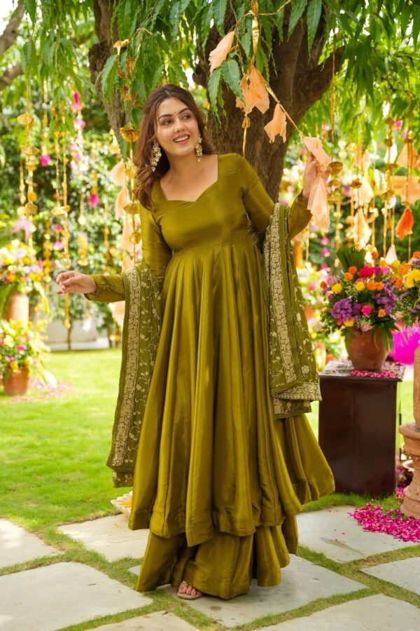 Mehndi Color Chiffon With Embroidery Sequence Work Gown - Image 3