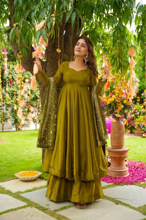 Mehndi Color Chiffon With Embroidery Sequence Work Gown - Image 4