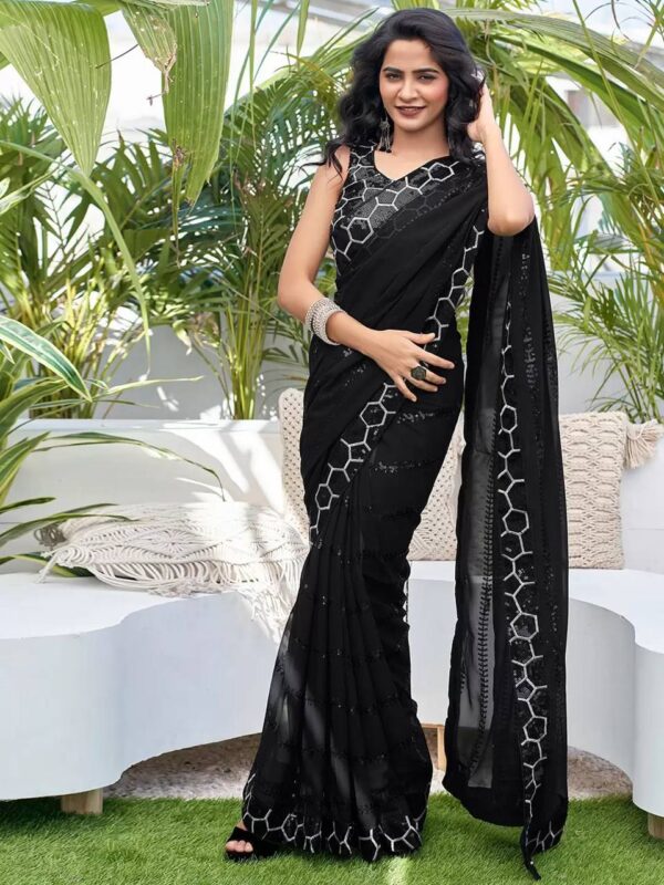 Embroidery With Sequence Work Black Color Saree - Image 2