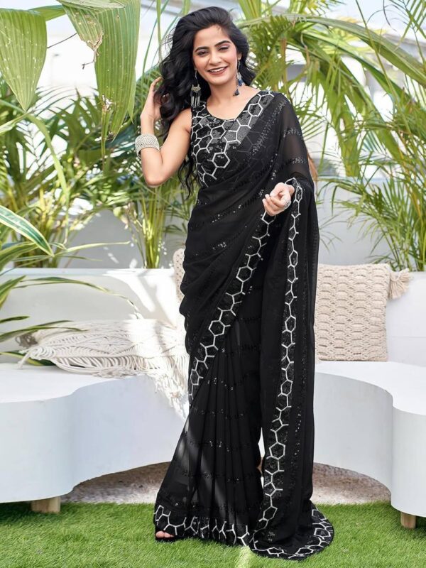 Embroidery With Sequence Work Black Color Saree - Image 3
