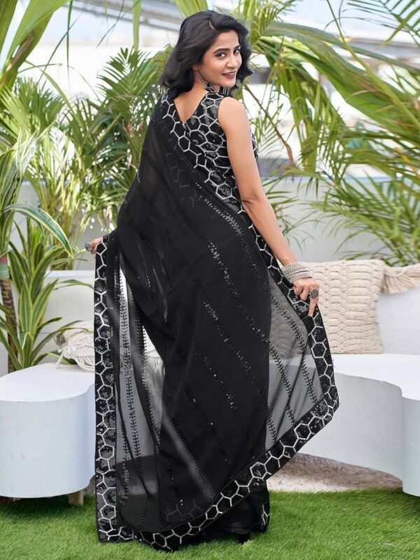 Embroidery With Sequence Work Black Color Saree - Image 4