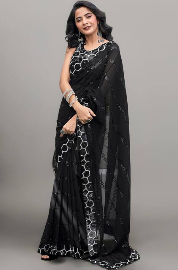 Embroidery With Sequence Work Black Color Saree - Image 5