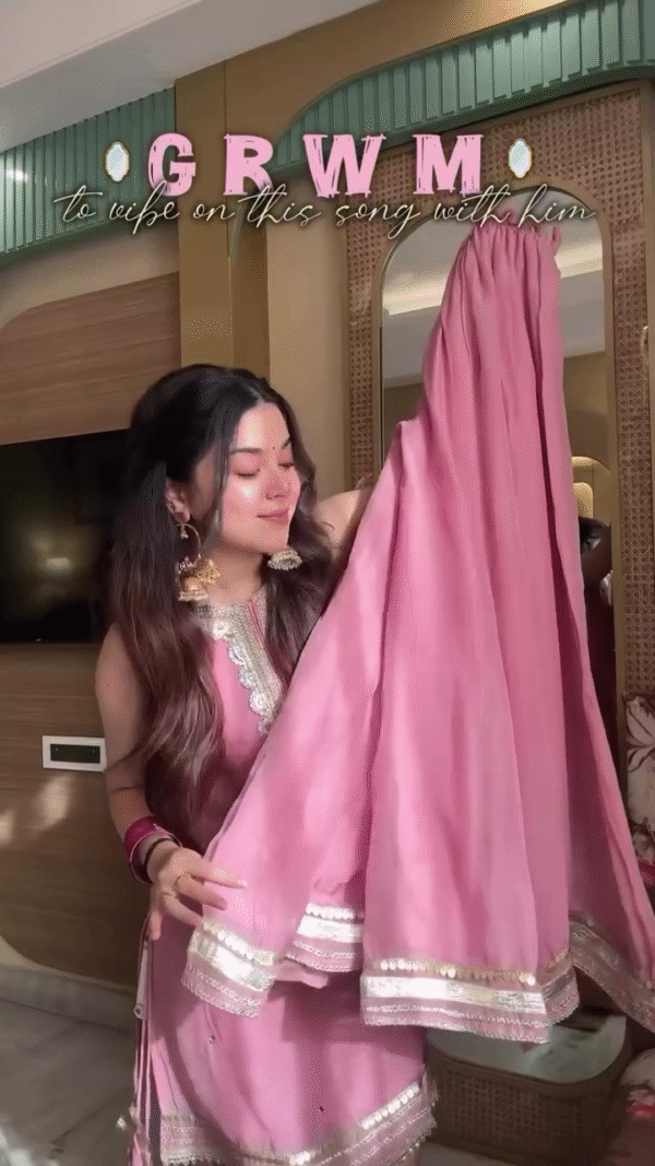 Dusty Pink Gota Patti Kurta Sharara Set with Embroidered Neckline - Image 3