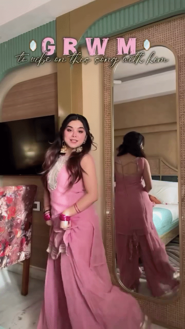 Dusty Pink Gota Patti Kurta Sharara Set with Embroidered Neckline - Image 5