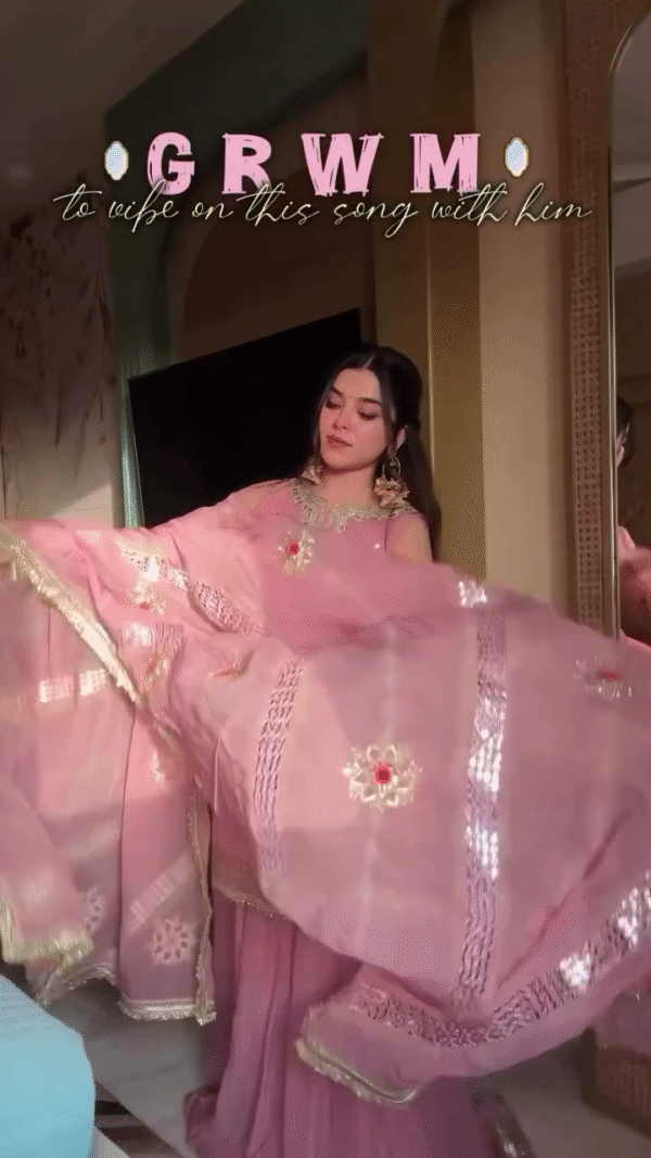 Dusty Pink Gota Patti Kurta Sharara Set with Embroidered Neckline - Image 7