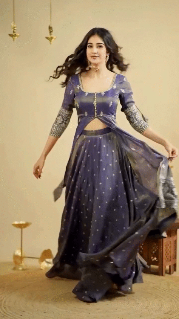 Midnight Blue Mirror Work Lehenga Set with Front-Slit Jacket Blouse - Image 3