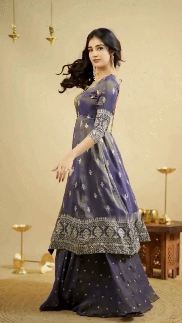 Midnight Blue Mirror Work Lehenga Set with Front-Slit Jacket Blouse - Image 5
