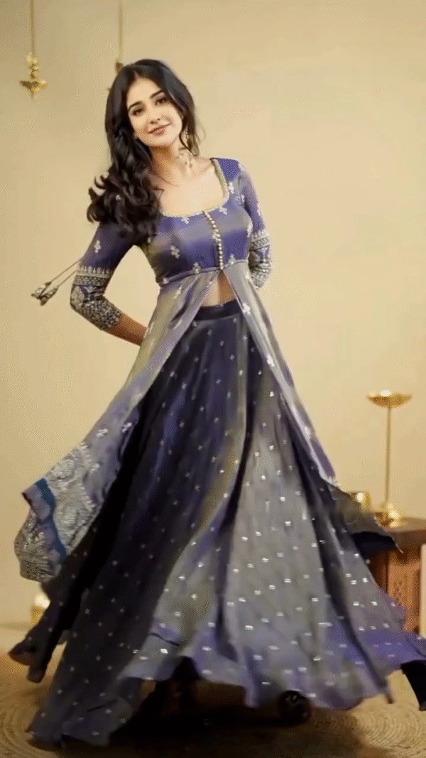 Midnight Blue Mirror Work Lehenga Set with Front-Slit Jacket Blouse - Image 8