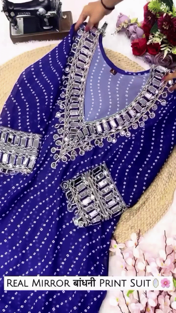 Mirror Work Georgette Anarkali Kurta Set with Bandhej Print - Image 2