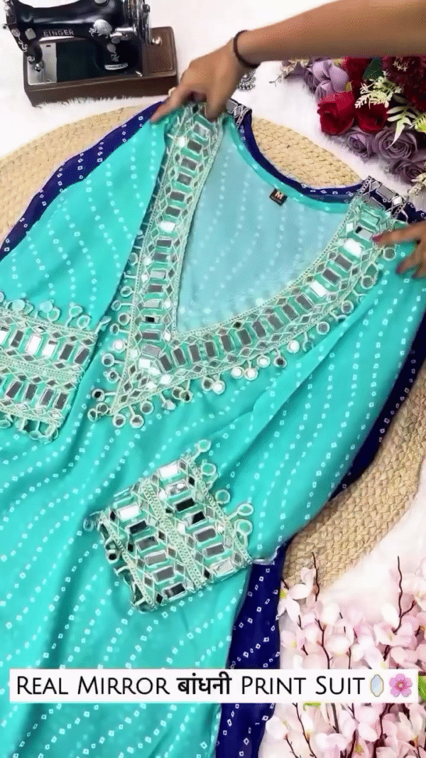 Mirror Work Georgette Anarkali Kurta Set with Bandhej Print - Image 3