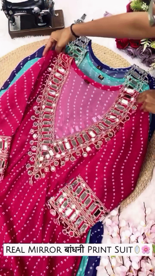 Mirror Work Georgette Anarkali Kurta Set with Bandhej Print - Image 4