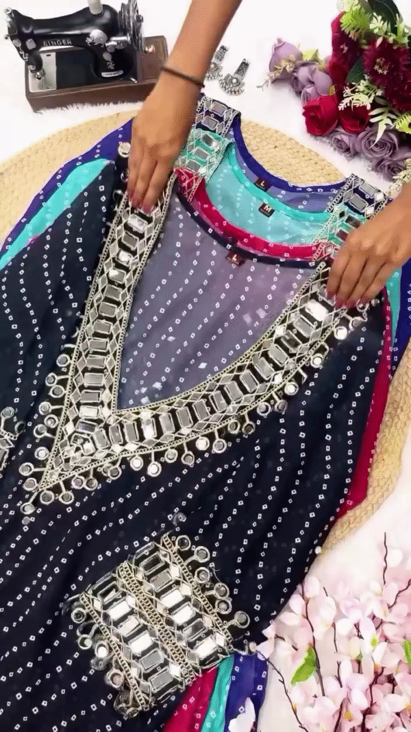 Mirror Work Georgette Anarkali Kurta Set with Bandhej Print - Image 5