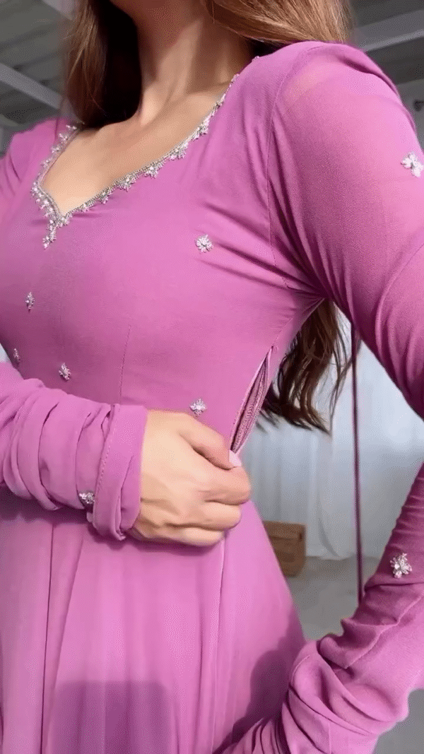 Mauve Pink Flared Anarkali Gown with Hand Embellishment - Image 2