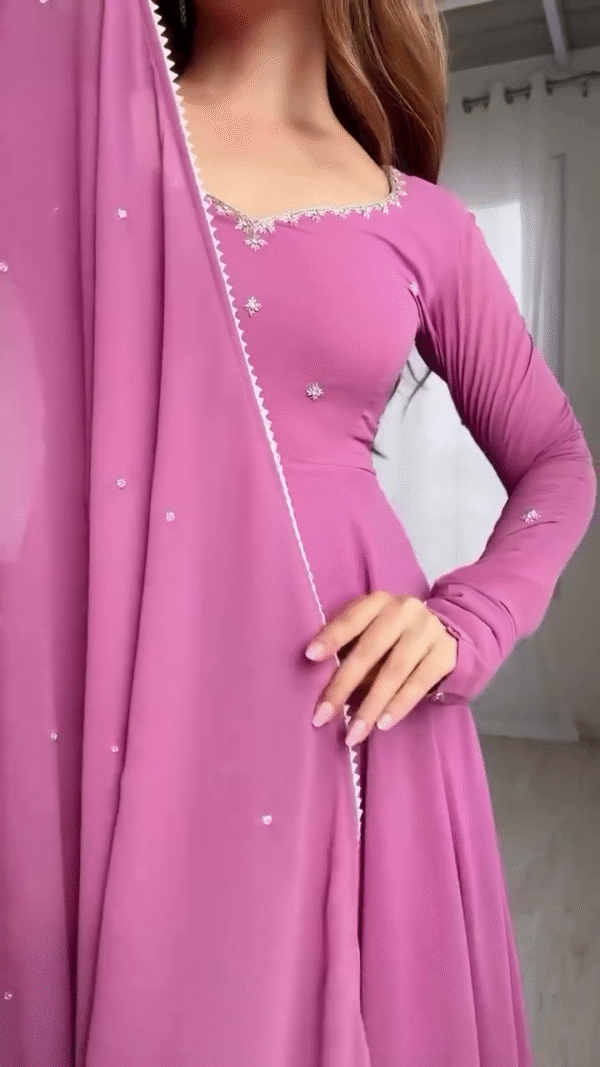 Mauve Pink Flared Anarkali Gown with Hand Embellishment - Image 3