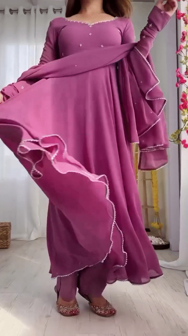 Mauve Pink Flared Anarkali Gown with Hand Embellishment - Image 4