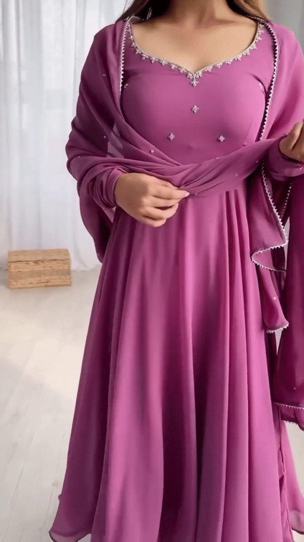 Mauve Pink Flared Anarkali Gown with Hand Embellishment - Image 5