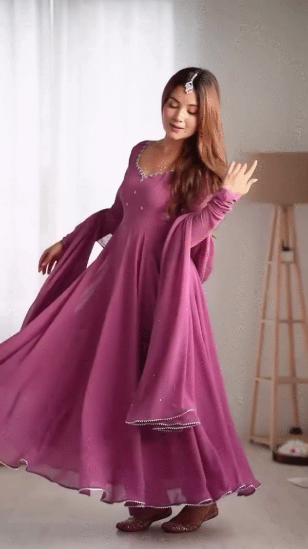 Mauve Pink Flared Anarkali Gown with Hand Embellishment