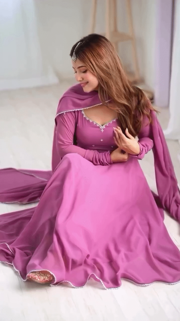 Mauve Pink Flared Anarkali Gown with Hand Embellishment - Image 6