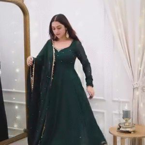 Bottle Green Anarkali Gown with Golden Border Detailing