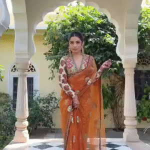 Orange Embroidered Net Saree with Sequin Blouse
