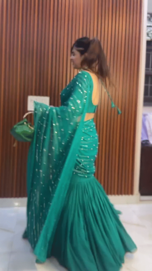 Bottle Green Ruffle Saree Gown with Sequin Detailing - Image 2