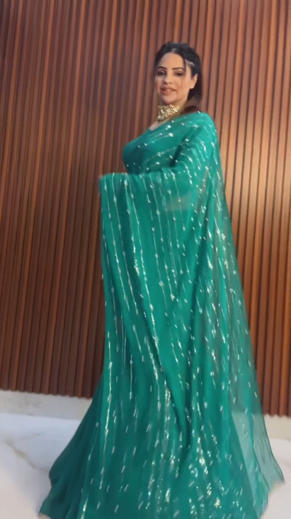 Bottle Green Ruffle Saree Gown with Sequin Detailing - Image 3
