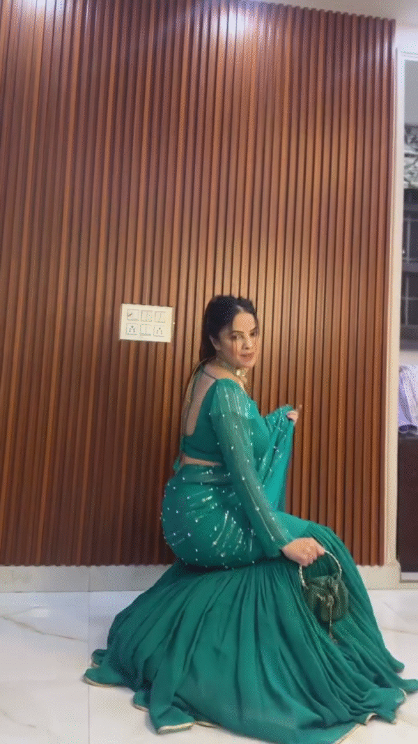 Bottle Green Ruffle Saree Gown with Sequin Detailing - Image 6
