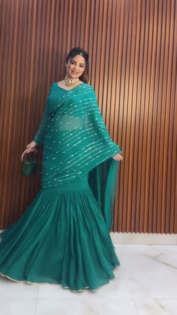 Bottle Green Ruffle Saree Gown with Sequin Detailing