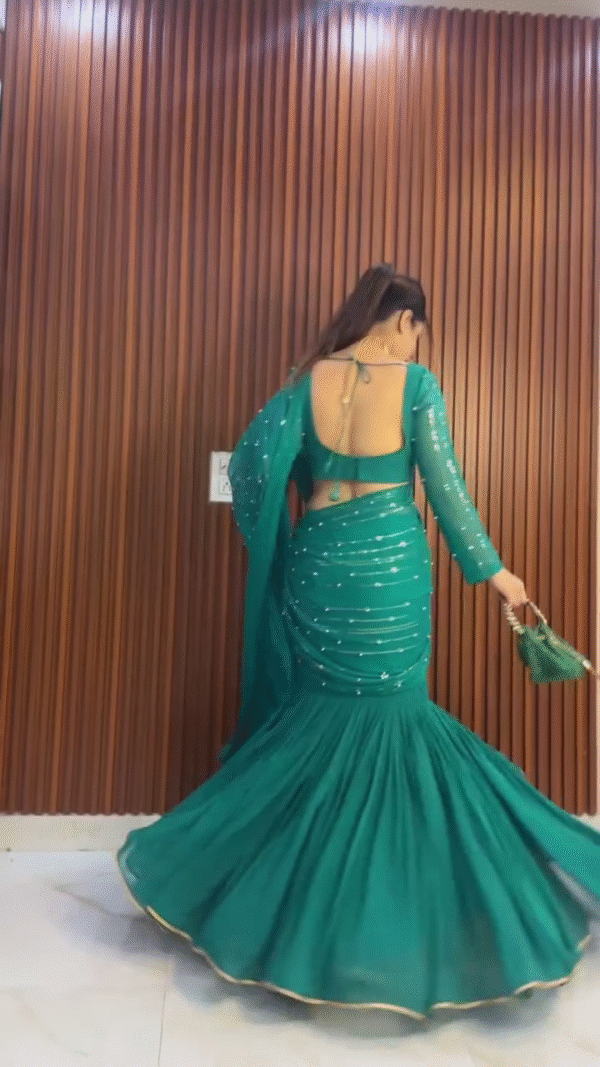 Bottle Green Ruffle Saree Gown with Sequin Detailing - Image 5