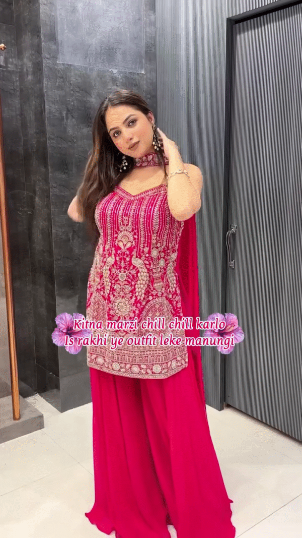 Hot Pink Heavy Embroidered Sharara Suit with Net Dupatta - Image 2