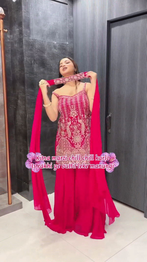 Hot Pink Heavy Embroidered Sharara Suit with Net Dupatta - Image 3