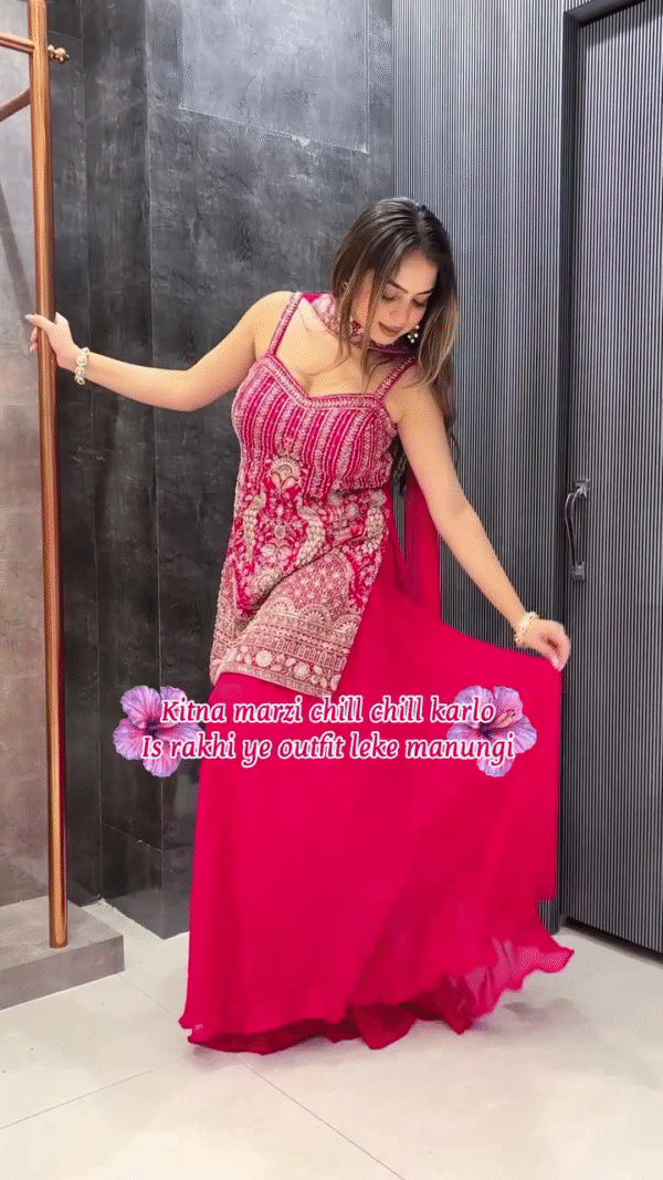 Hot Pink Heavy Embroidered Sharara Suit with Net Dupatta - Image 4