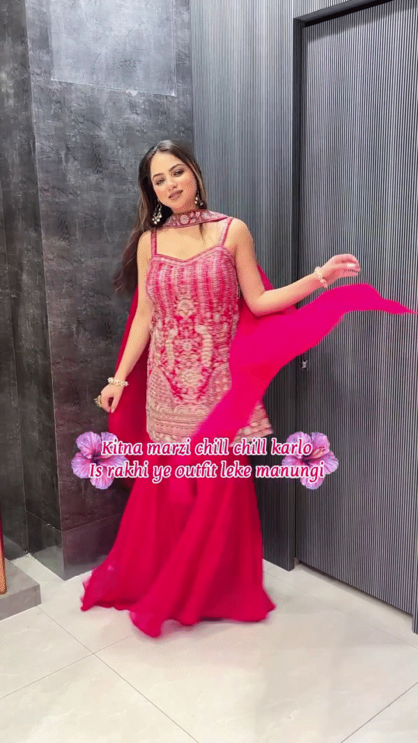 Hot Pink Heavy Embroidered Sharara Suit with Net Dupatta - Image 6
